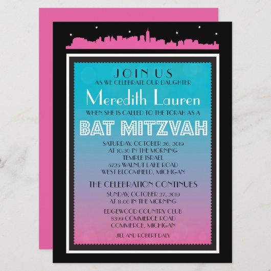 CLASSIC BROADWAY Bat Mitzvah Einladung-6 x 8 Einladung (Vorne/Hinten)