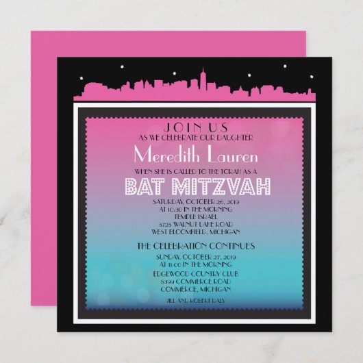 CLASSIC BROADWAY Bat Mitzvah Einladung CENTERED (Vorne/Hinten)
