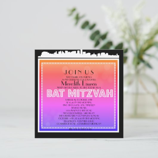 CLASSIC BROADWAY Bat Mitzvah Einladung Regenbogen (Stehend Vorderseite)
