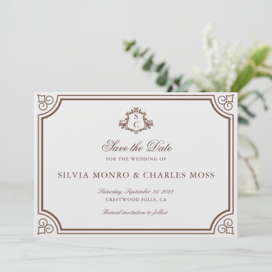Classic Brown/Ecru Wedding Monogram Save the Date Einladung (Stehend Vorderseite)
