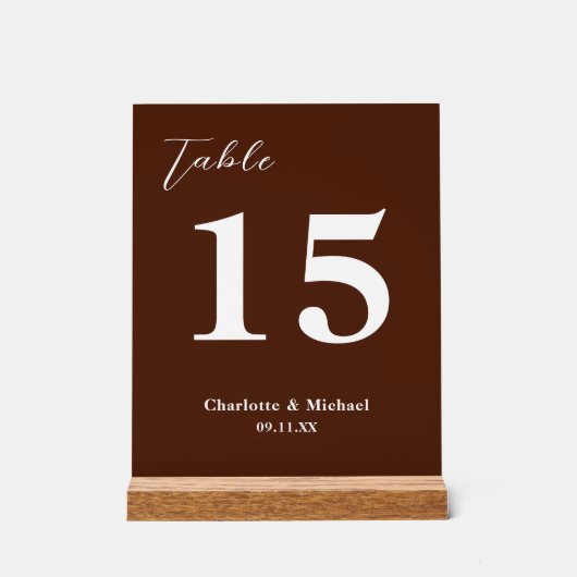 Classic Brown Minimalist Wedding Table Number Acrylschild (Vorderseite)