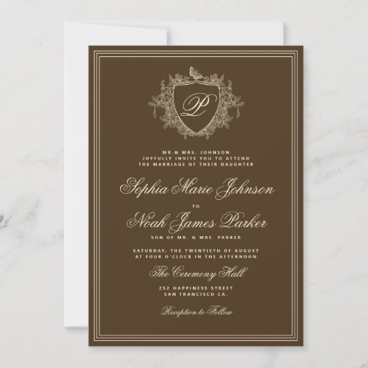 Classic brown QR code formal monogram wedding Einladung (Vorderseite)