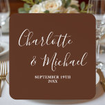 Classic Brown Script Minimalist Wedding Quadratischer Aufkleber<br><div class="desc">Add a touch of sophistication to your wedding decor with these Classic Brown Script Minimalist Wedding Square Stickers. Customize them with the names of the bride and groom and the date to create a unique and memorable keepsake for your guests.</div>