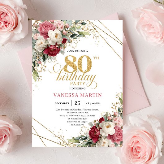 Classic Burgundy Blush Gold 80th Birthday Invite Einladung