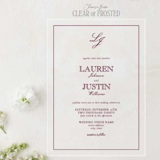 Classic Burgundy Calligraphy Monogram Wedding Acryleinladungen