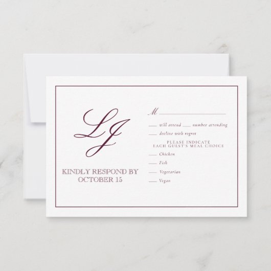Classic Burgundy Calligraphy Monogram Wedding RSVP Karte (Rückseite)