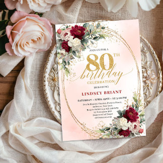 Classic Burgundy Floral Gold 80th Birthday Invite Einladung