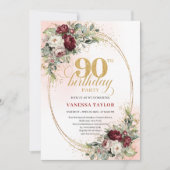 Classic Burgundy Floral Gold 90th Birthday Invite Einladung (Vorderseite)