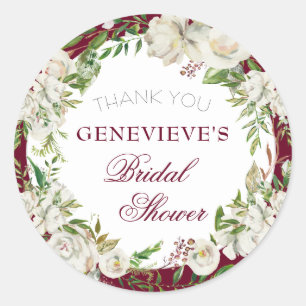 Classic Burgundy Floral Gold Brautparty Danke Runder Aufkleber
