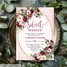 Classic Burgundy Floral Gold Sweet Sixteen Card Einladung