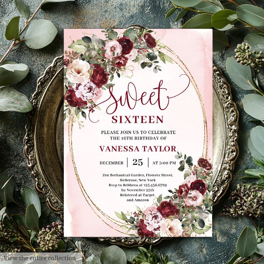 Classic Burgundy Floral Gold Sweet Sixteen Card Einladung
