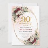 Classic Burgundy Flowers Gold 90th Birthday Invite Einladung (Vorderseite)