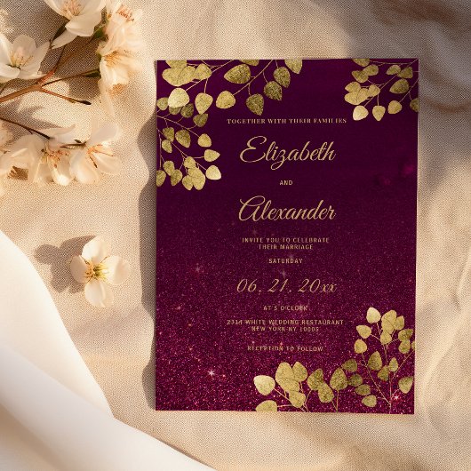 Classic burgundy glitter gold eucalyptus Wedding Einladung