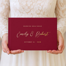 Classic Burgundy Gold Calligraphy Wedding Foto Gästebuch
