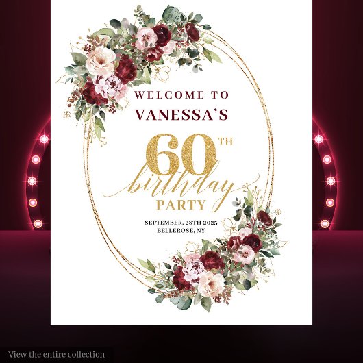 Classic Burgundy Gold Floral 60th Birthday Banner Wandteppich