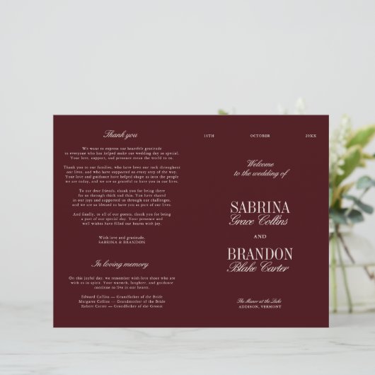 Classic Burgundy & Ivory Modern Wedding Program (Stehend Vorderseite)