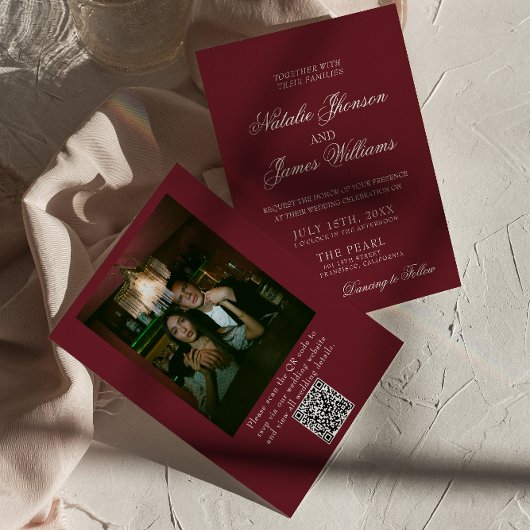 Classic Burgundy Old Money QR Code Photo Wedding Einladung