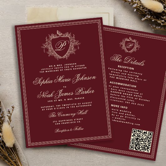 Classic burgundy QR code formal monogram wedding  Einladung