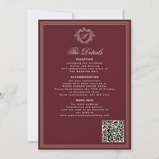 Classic burgundy QR code formal monogram wedding  Einladung (Rückseite)