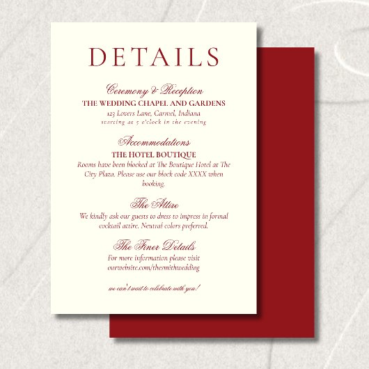 Classic Burgundy Red Minimalist Wedding Details Begleitkarte