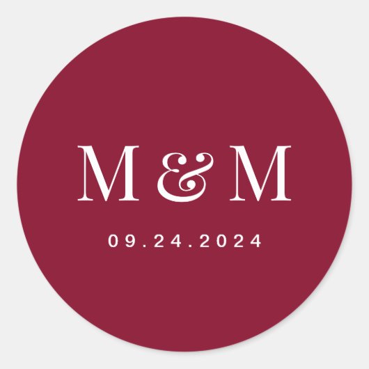 Classic  Burgundy Red Monogram Typography Wedding Runder Aufkleber (Vorderseite)