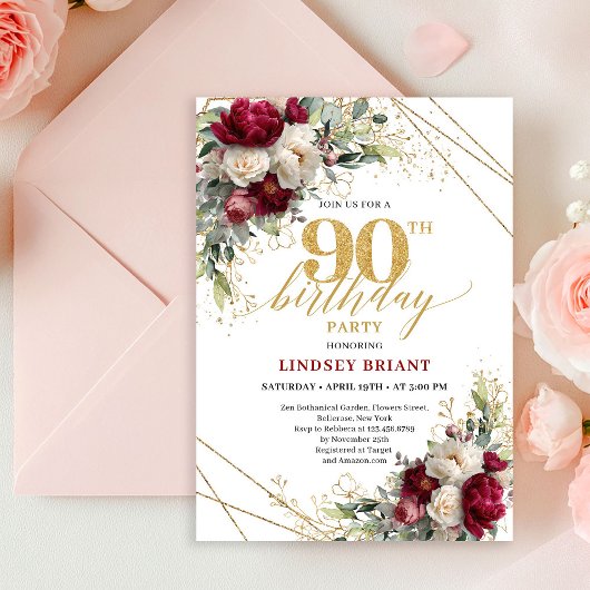 Classic Burgundy White Roses 90th Birthday Invite Einladung
