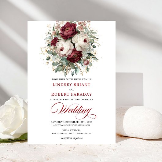 Classic Burgundy White Watercolor Wedding Invite Einladung