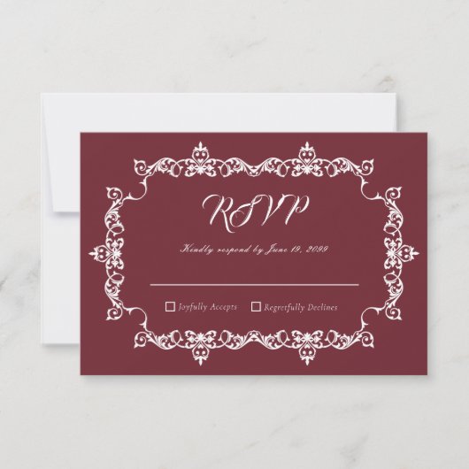 Classic Burgundy Wine Ornately Framed Wedding RSVP Karte (Vorderseite)