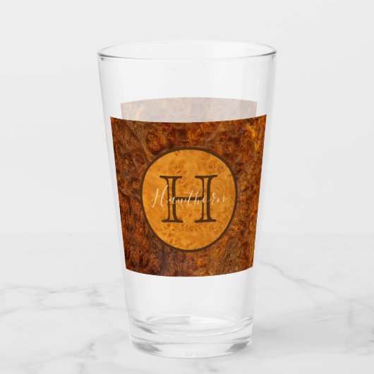 Classic Burl Wood Tone Round Monogram Glas (Vorderseite)