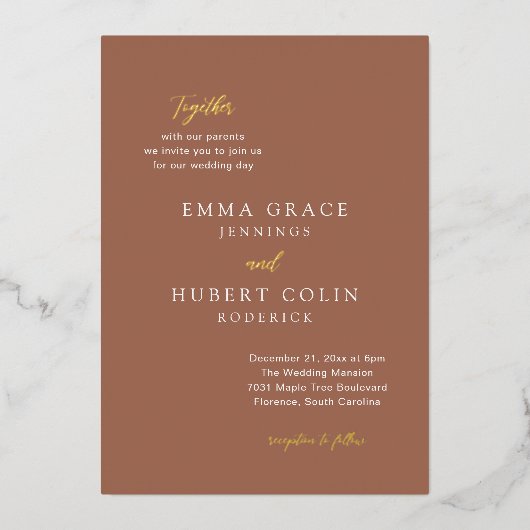 Classic Burnt Orange Elegante Wedding Folieneinladung (Vorderseite)