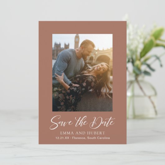 Classic Burnt Orange Foto Elegante Hochzeit Save The Date (Stehend Vorderseite)