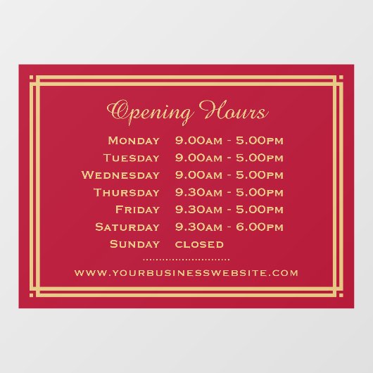 Classic Business Opening Stunden Red Gold Fensteraufkleber (Blatt)