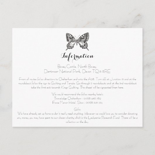 Classic Butterfly Wedding Information Card Postkarte (Vorderseite)