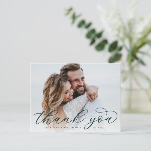 Classic Calligraphy Script Wedding Foto Vielen Dan Postkarte (Stehend Vorderseite)