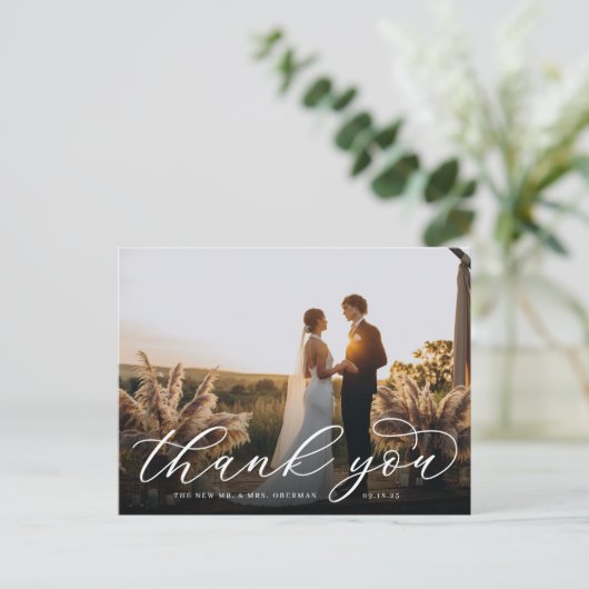 Classic Calligraphy Script Wedding Foto Vielen Dan Postkarte (Stehend Vorderseite)