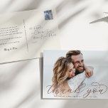 Classic Calligraphy Script Wedding Photo Thank You Postkarte<br><div class="desc">Elegant wedding thank you postcards feature a single horizontal or landscape oriented wedding photo with "Thank You" overlaid at the bottom in chic earth tone terracotta calligraphy script. Personalize with your names and wedding date in classic block lettering,  and add a personal message and signature to the back.</div>