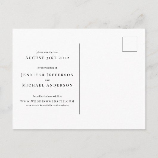 Classic Calligraphy Wedding Elegant Save the Date Ankündigungspostkarte (Rückseite)