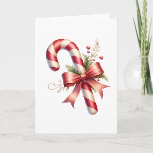 Classic Candy Cane with Red Satin Bow and Greenery Karte (Vorderseite)