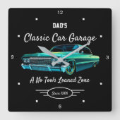 Classic Car Garage Dad's Green Car Name Black   Quadratische Wanduhr (Vorderseite)