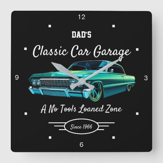 Classic Car Garage Dad's Green Car Name Black   Quadratische Wanduhr (Vorderseite)