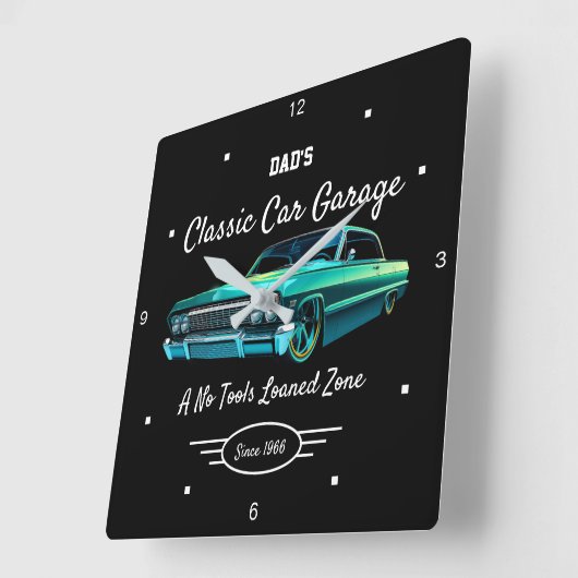 Classic Car Garage Dad's Green Car Name Black   Quadratische Wanduhr (Winkel)