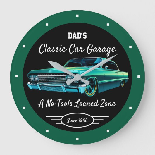Classic Car Garage Dad's or Anyone's Name Green   Große Wanduhr (Vorderseite)