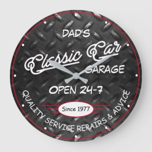 Classic Car Garage Name Date Diamond Plate Image Große Wanduhr