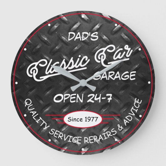 Classic Car Garage Name Date Diamond Plate Image Große Wanduhr (Vorderseite)