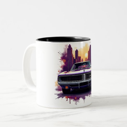 Classic Car Mug with Urban Sunset Graffiti Style Zweifarbige Tasse (Vorderseite Links)