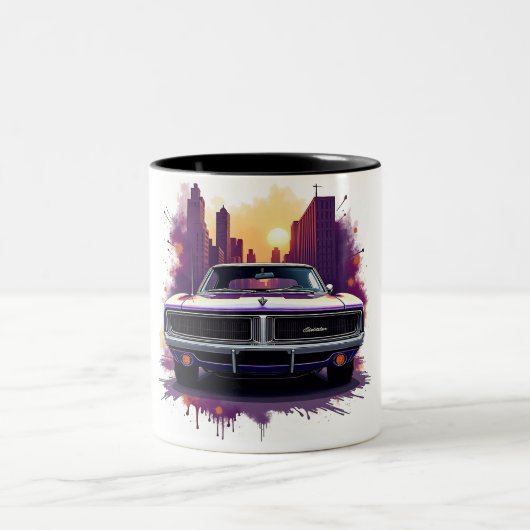 Classic Car Mug with Urban Sunset Graffiti Style Zweifarbige Tasse (Mittel)