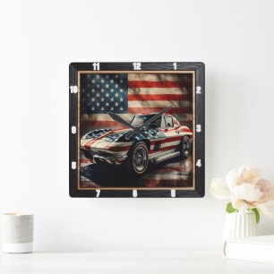Classic Car Patriotic Quadratische Wanduhr