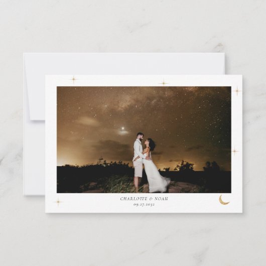 Classic Celestial Gold Moon Stars Foto Hochzeit Dankeskarte (Rückseite)