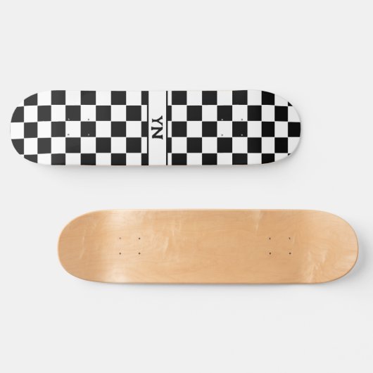 Classic Checkered Black and White Custom Initials Skateboard (Horizontal)