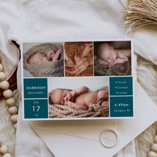 Classic Chic Baby Photo Collage Announcement Card Einladung